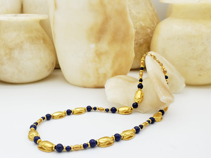 Egyptian Scarab and Lapis Beaded Necklace