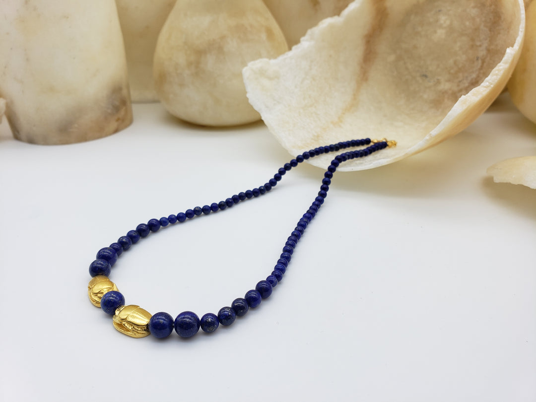 Egyptian Lapis Beaded Necklace with Scarabs