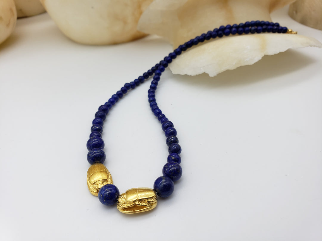 Egyptian Lapis Beaded Necklace with Scarabs
