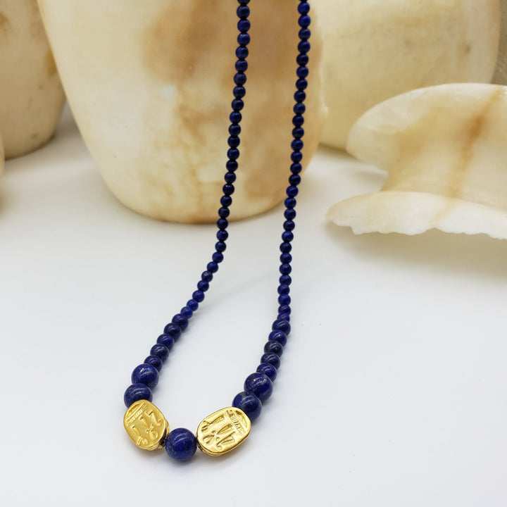 Egyptian Lapis Beaded Necklace with Scarabs