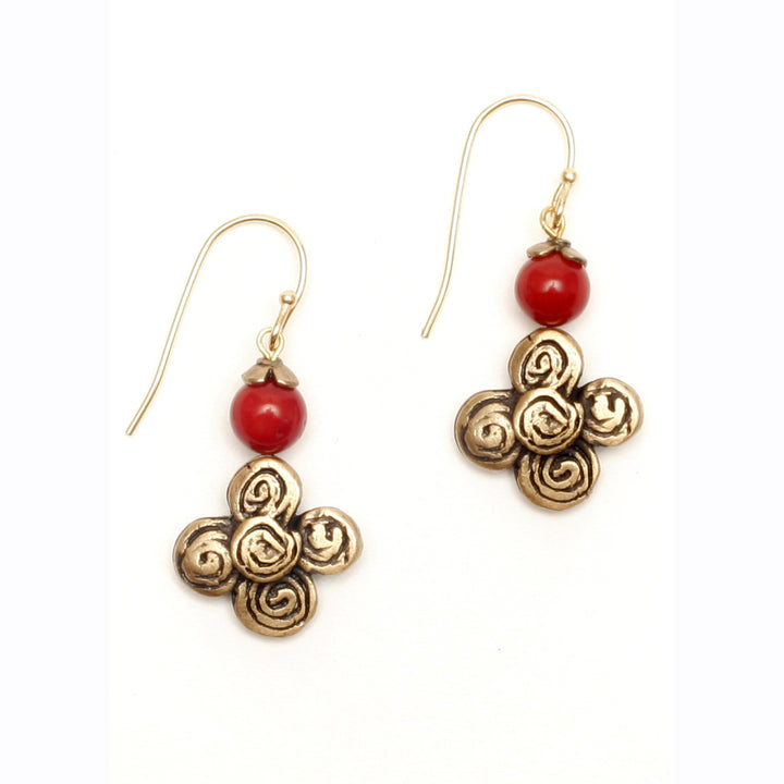 Flower Earrings with Red Coral