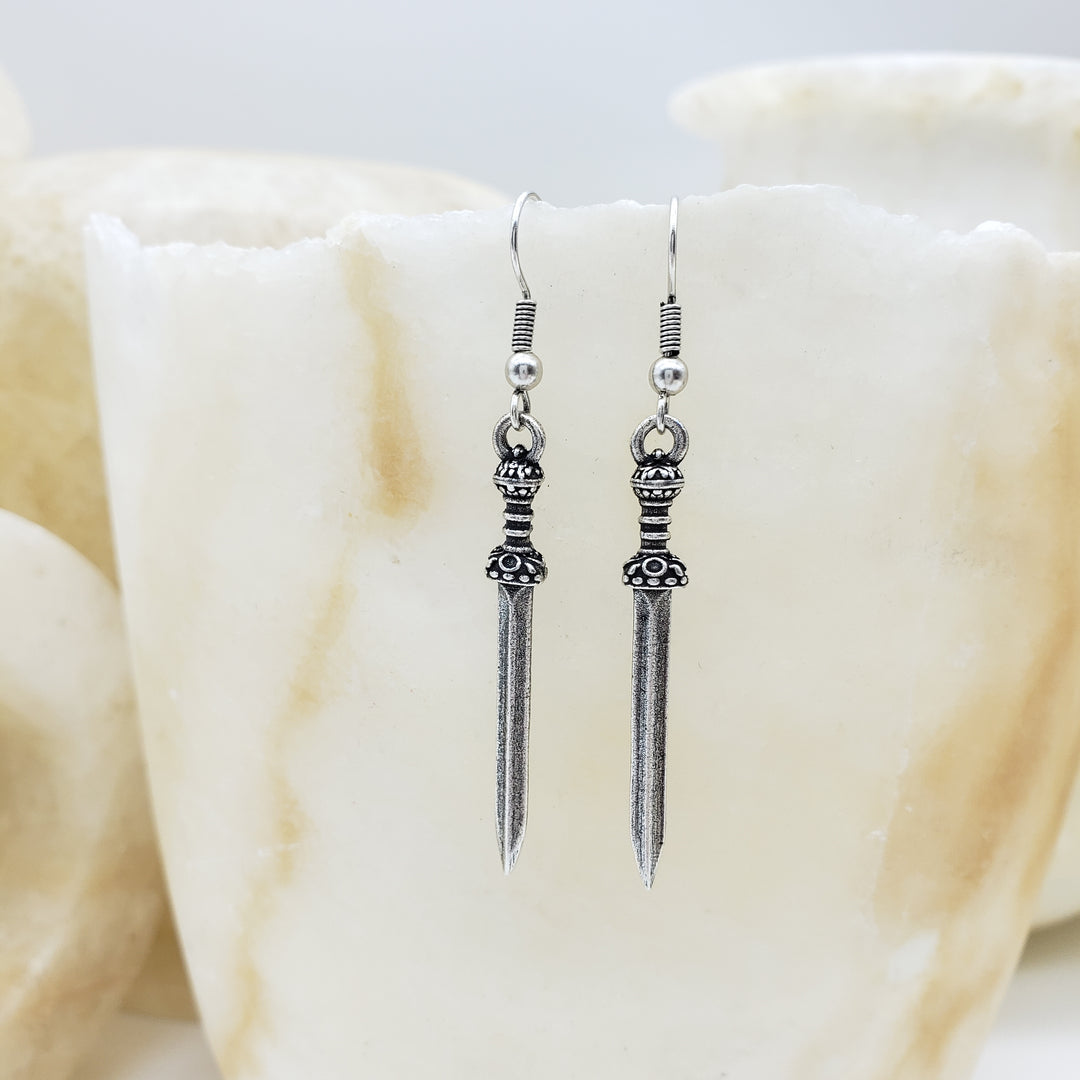 Roman Sword Earrings - Antiqued Silver