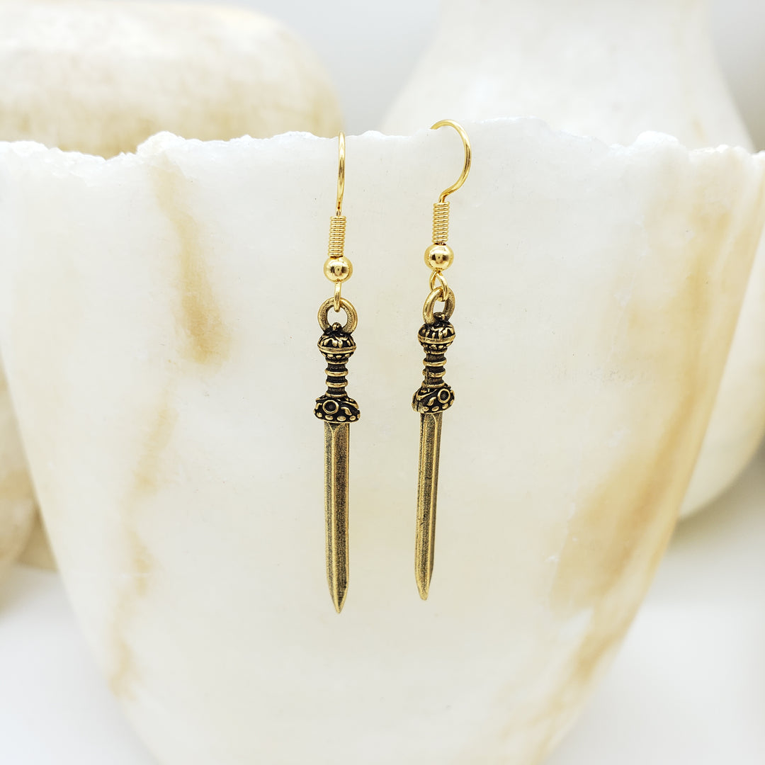 Roman Sword Earrings - Antiqued Gold