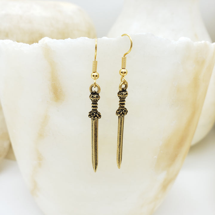 Roman Sword Earrings - Antiqued Gold