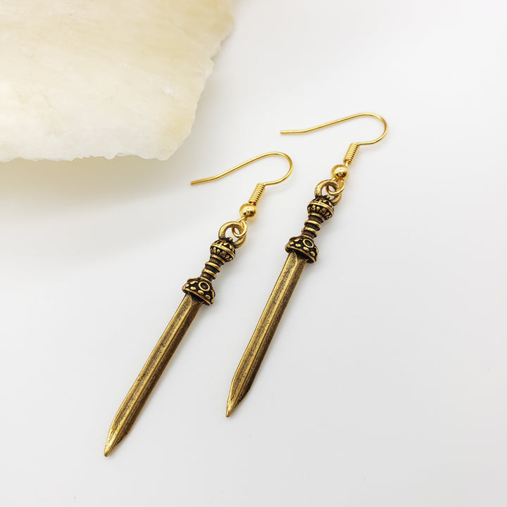 Roman Sword Earrings - Antiqued Gold