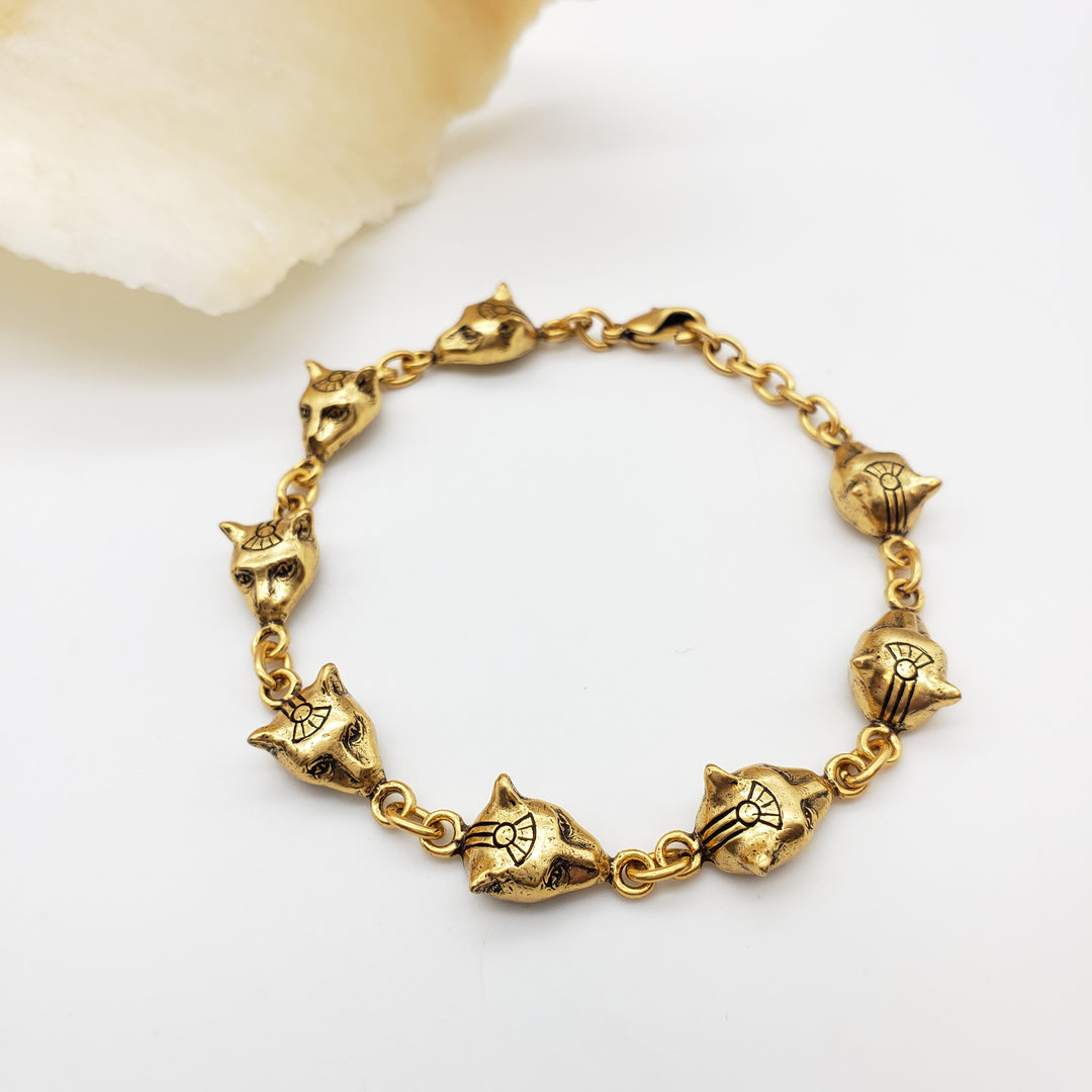 Egyptian Bastet Cat Bracelet - Antique Gold Finish 