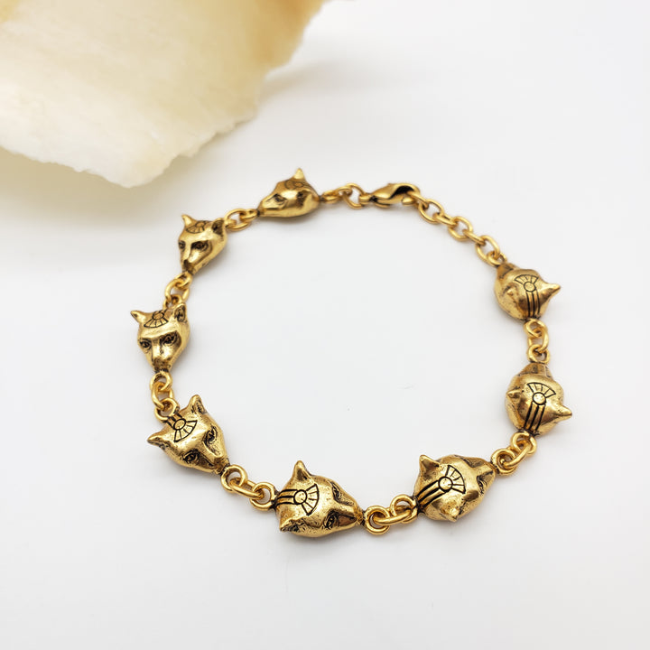 Egyptian Bastet Cat Bracelet - Antique Gold Finish 