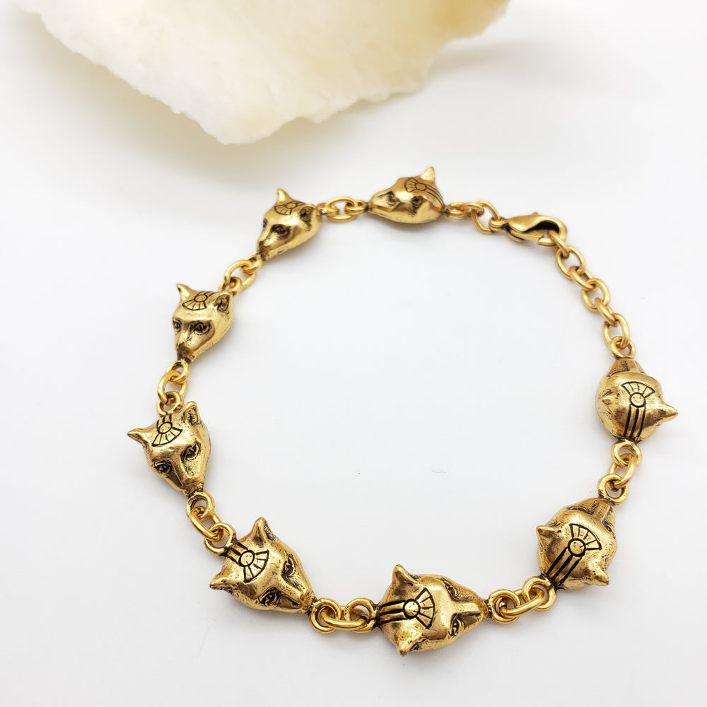 Egyptian Bastet Cat Bracelet - Antique Gold Finish 
