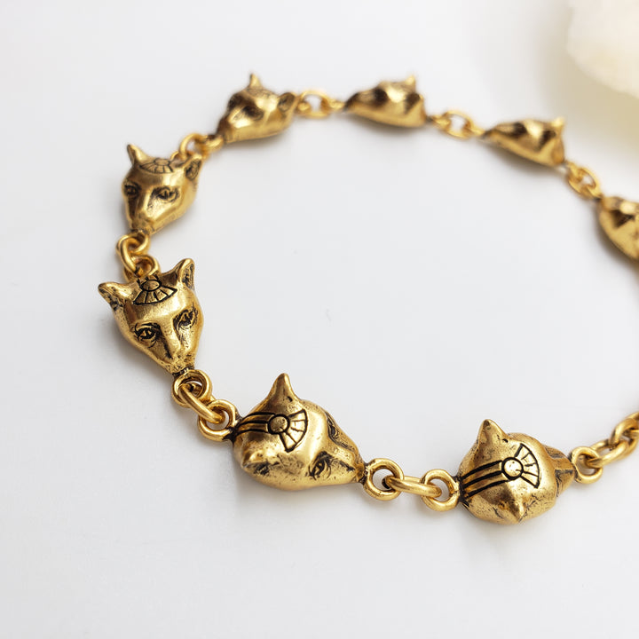 Egyptian Bastet Cat Bracelet - Antique Gold Finish 