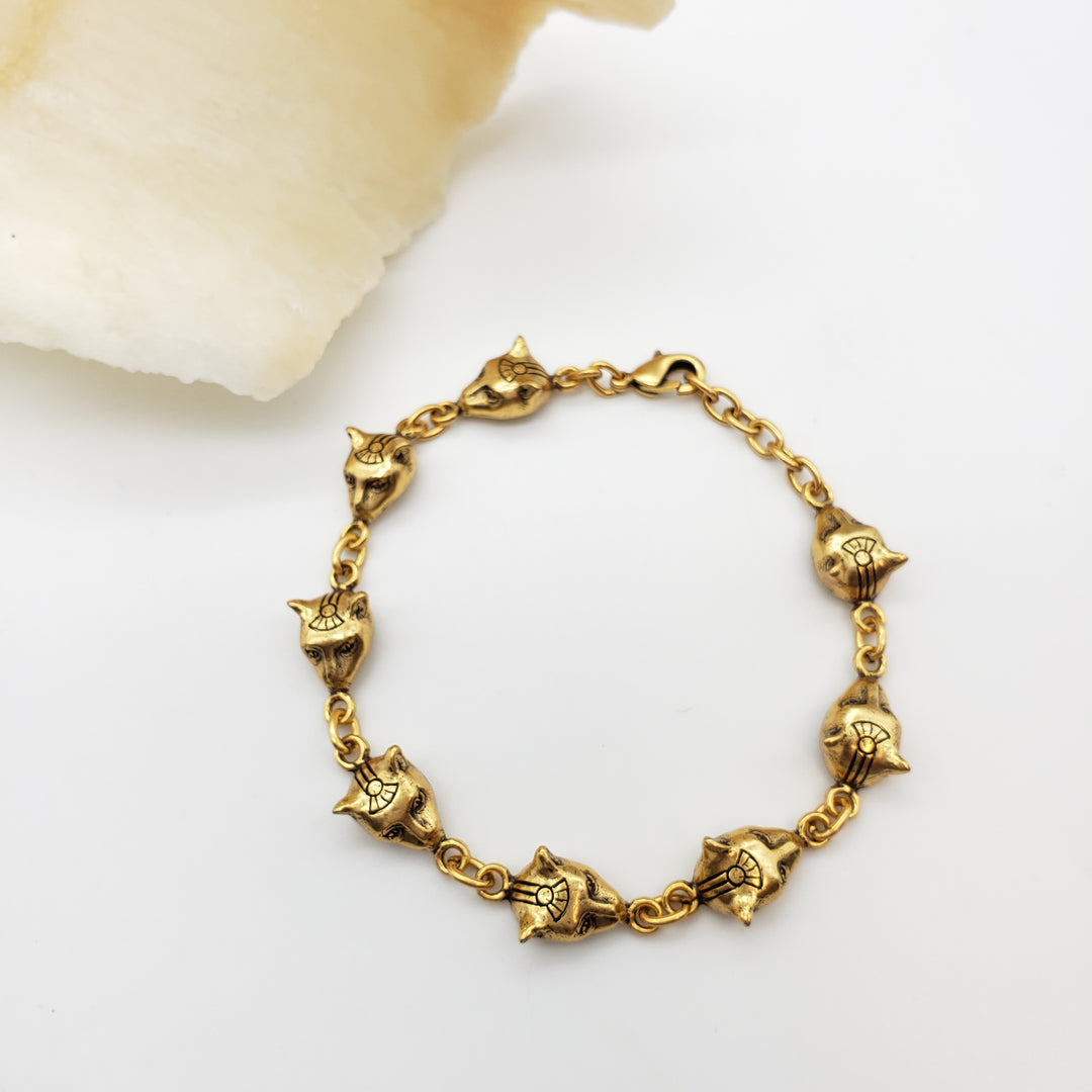 Egyptian Bastet Cat Bracelet - Antique Gold Finish 