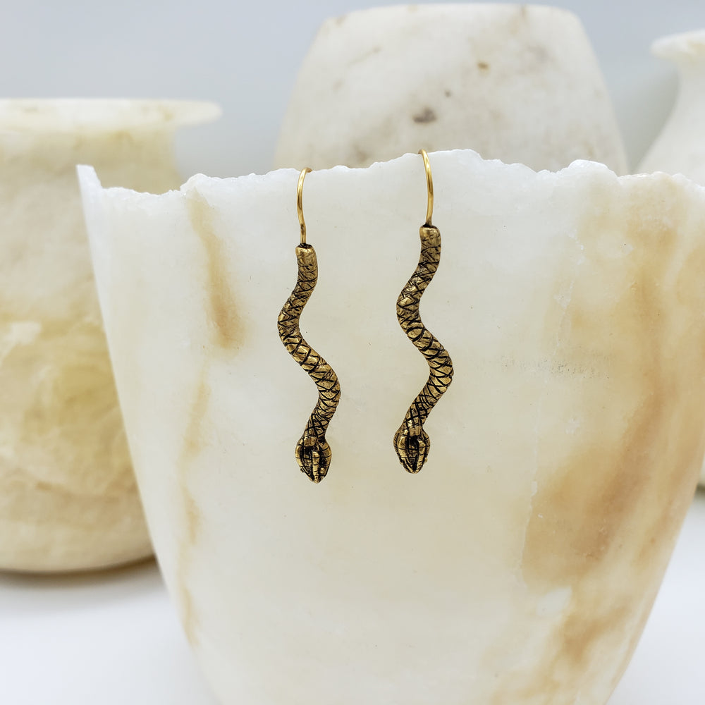 Egyptian Snake Earrings - Antique Gold Finish