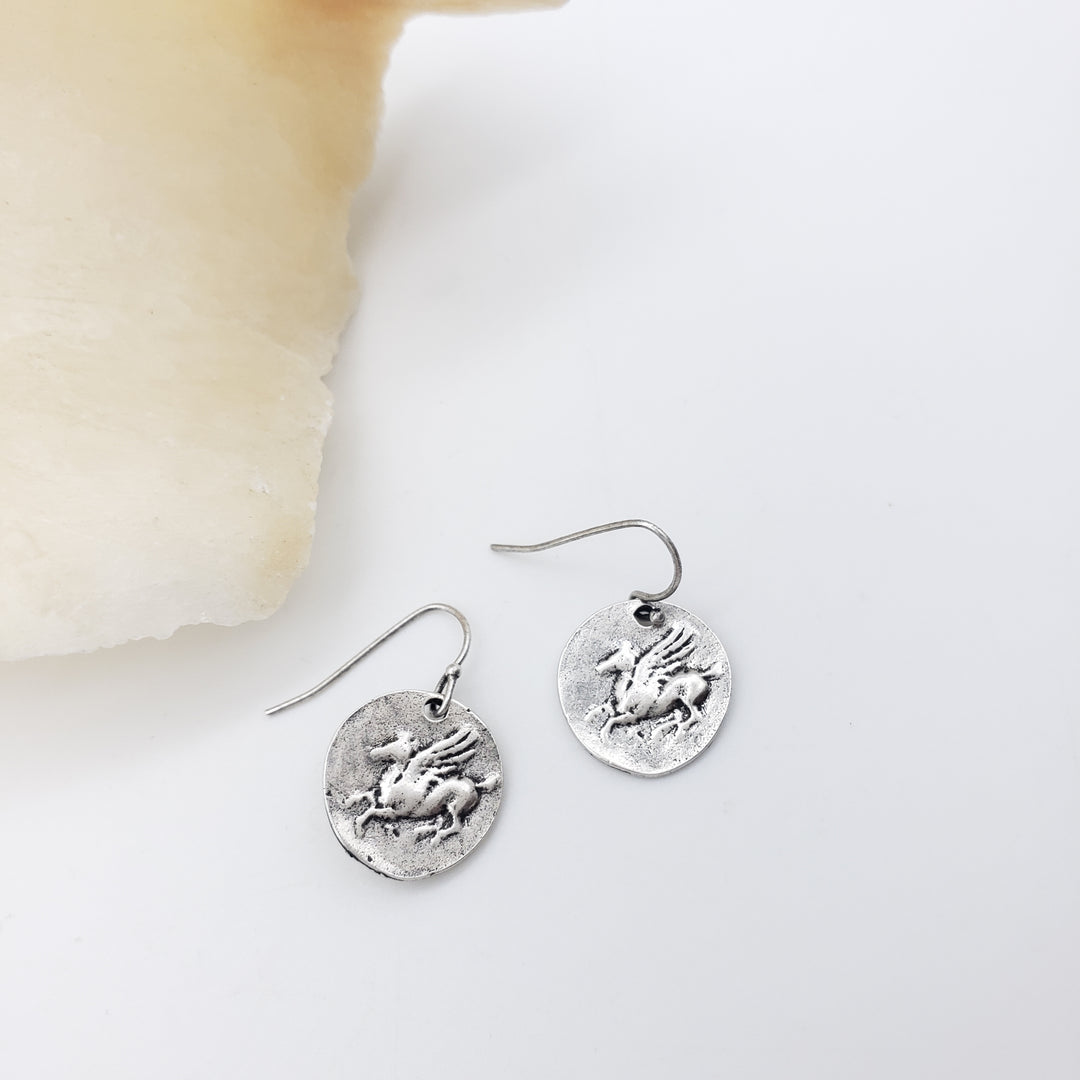 Pegasus Coin Earrings - Silver Finish