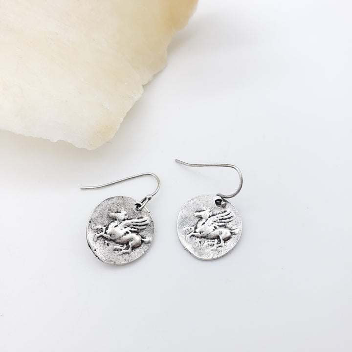 Pegasus Coin Earrings - Silver Finish