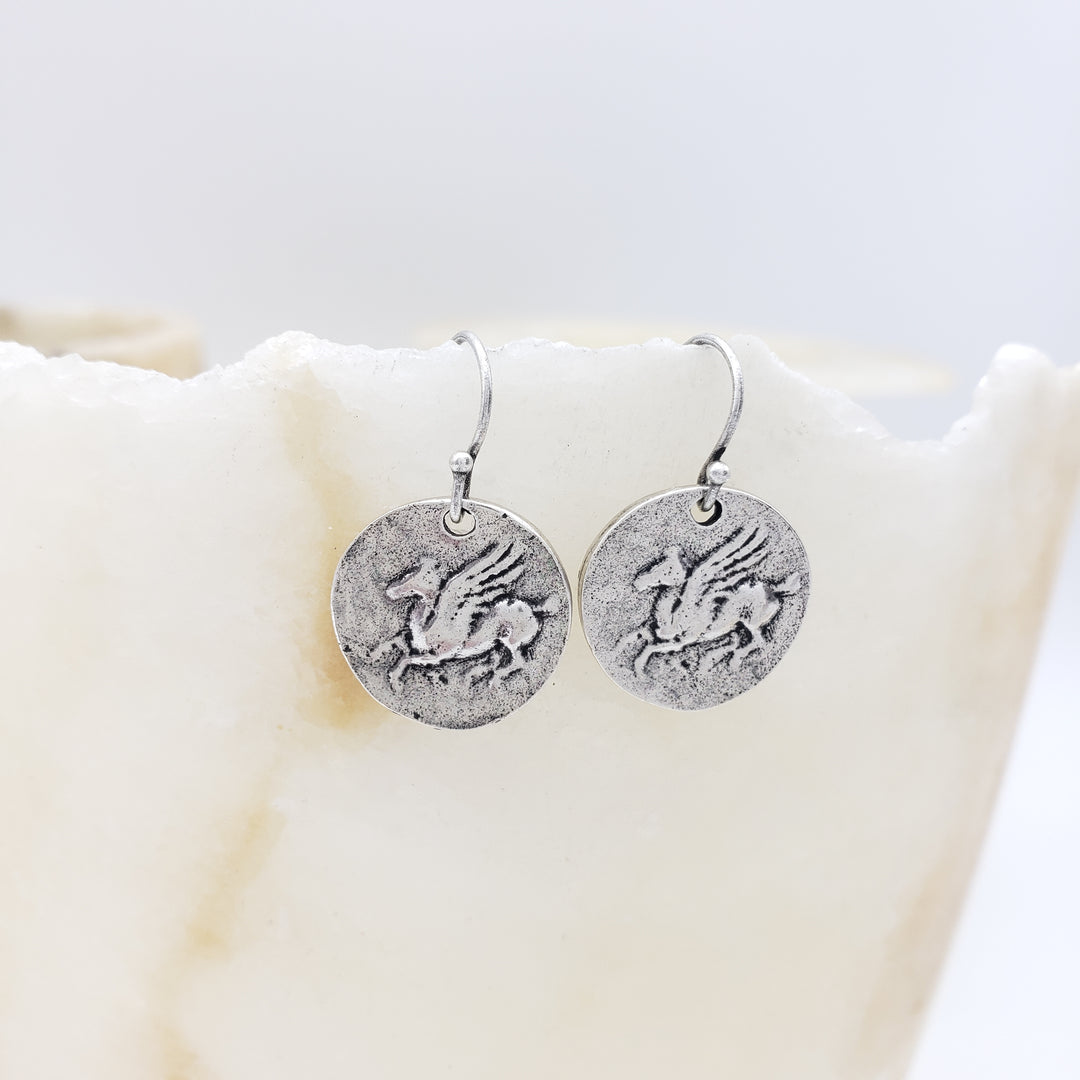 Pegasus Coin Earrings - Silver Finish