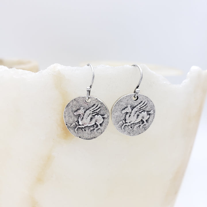 Pegasus Coin Earrings - Silver Finish
