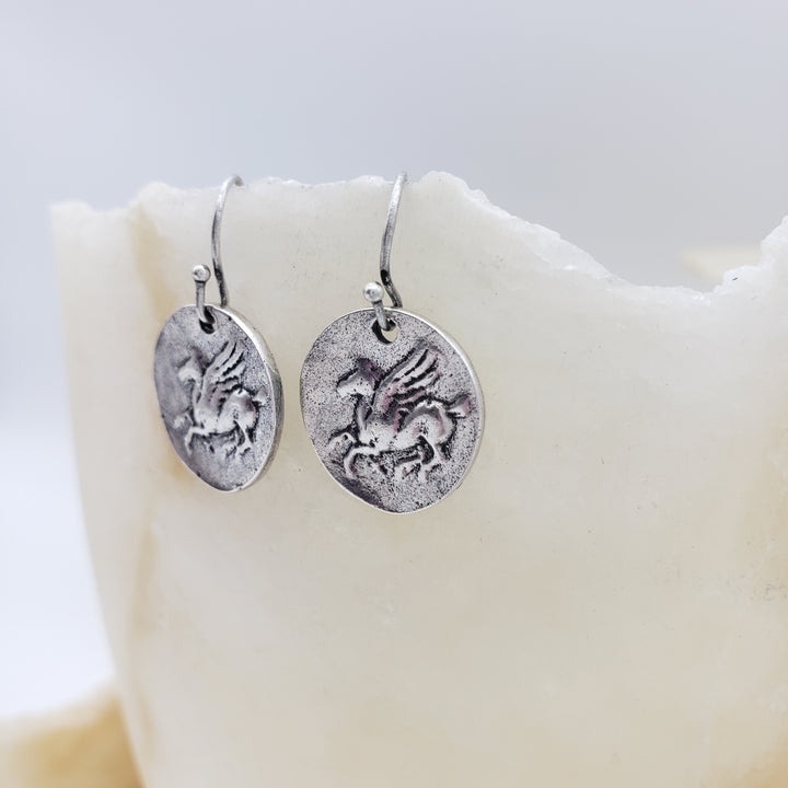 Pegasus Coin Earrings - Silver Finish