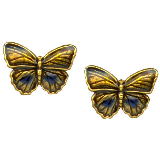 A pair of butterfly-shaped stud earrings with textured gold-toned metal and dark blue enamel inlay, shown on a plain white background.