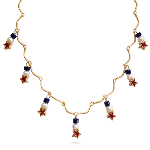 Red, White and Blue Star and Pearl Charm Necklace