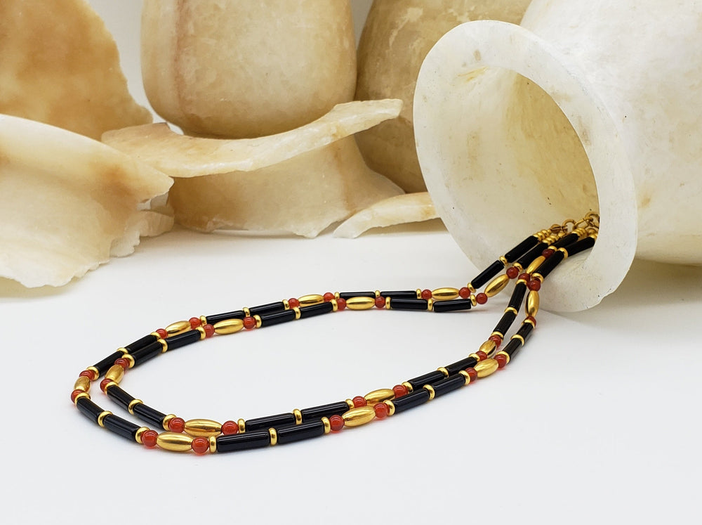 Egyptian Tigris Necklace - Double Strand - Black Onyx and Carnelian