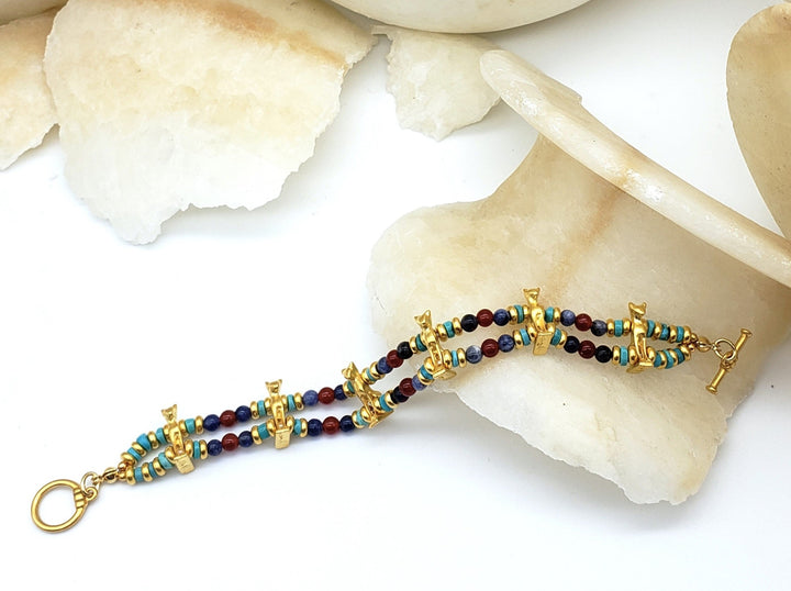 Egyptian Bastet Cat Beaded Bracelet - Turquoise, Carnelian and Sodalite 