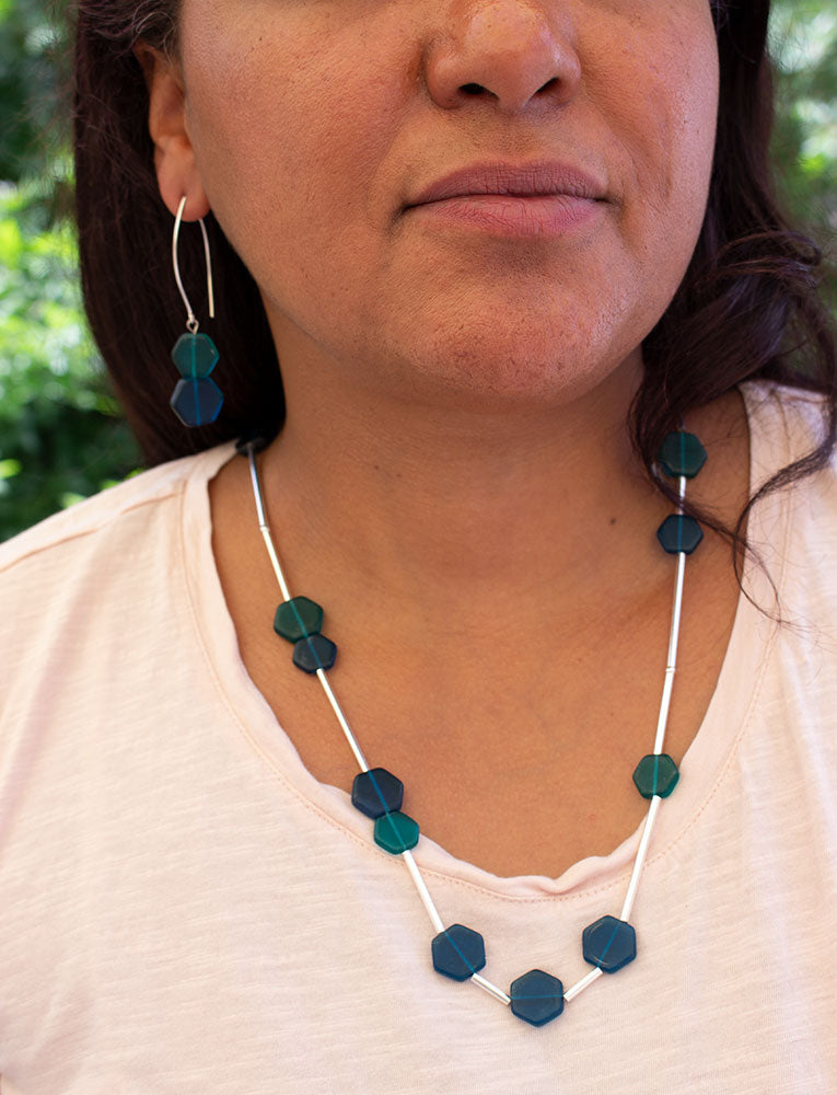 Teal and Blue Glass Hexagon Beaded Necklace