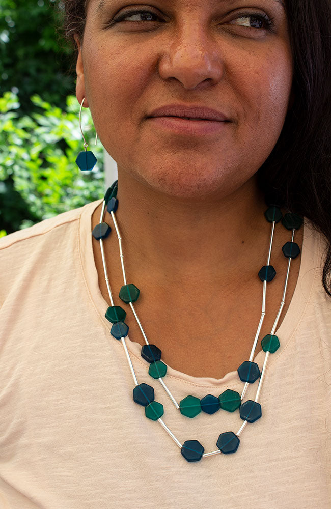 Teal and Blue Glass Hexagon Beaded Necklace