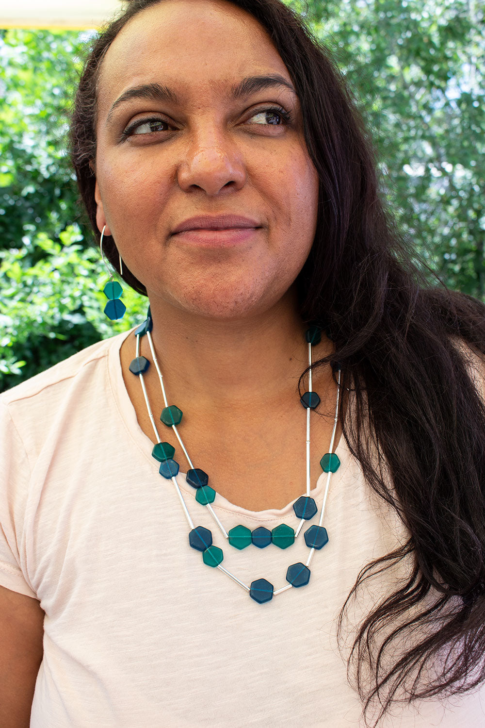 Teal and Blue Glass Hexagon Beaded Necklace