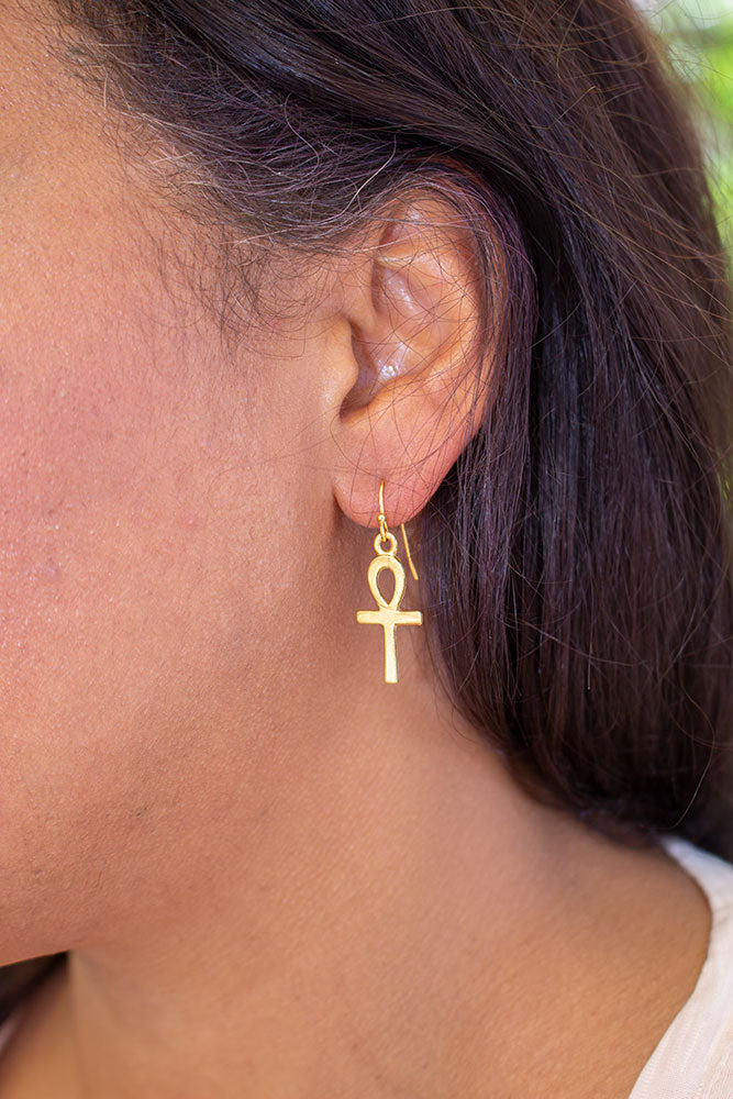 Ankh Earrings Bright Gold Finish Model