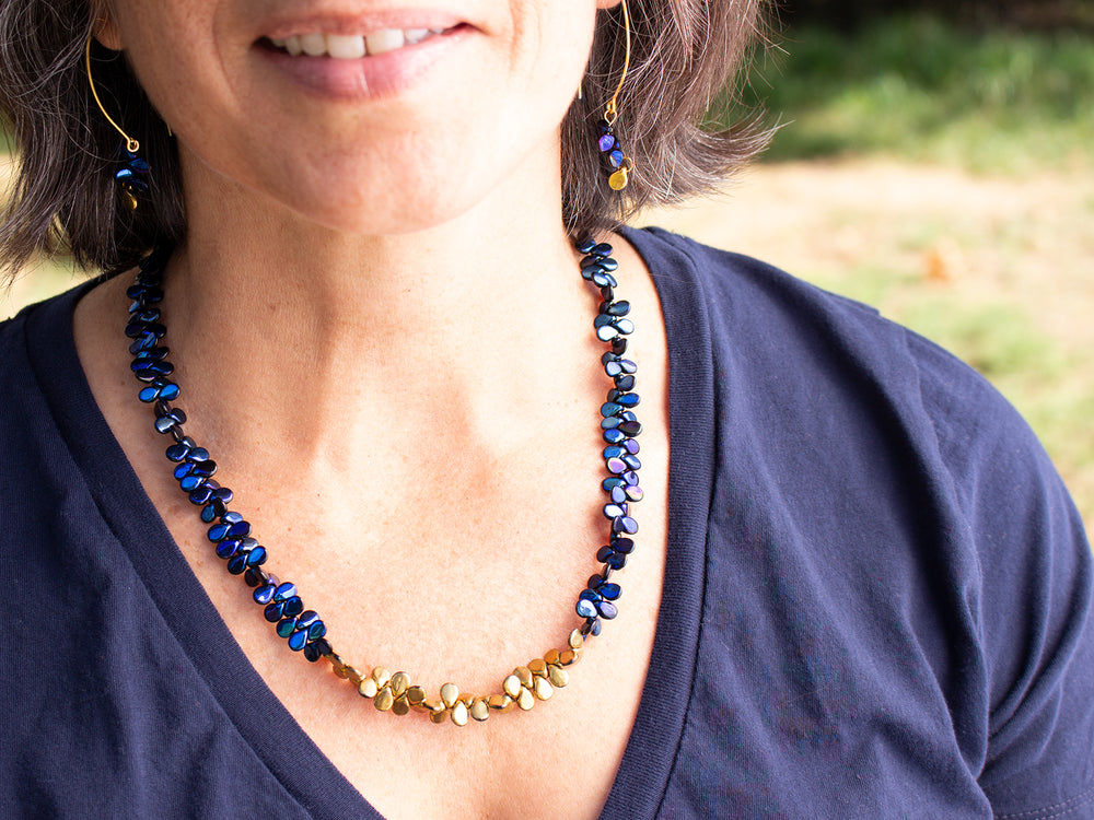 Blue and Gold Glass Mermaid Scale Necklace