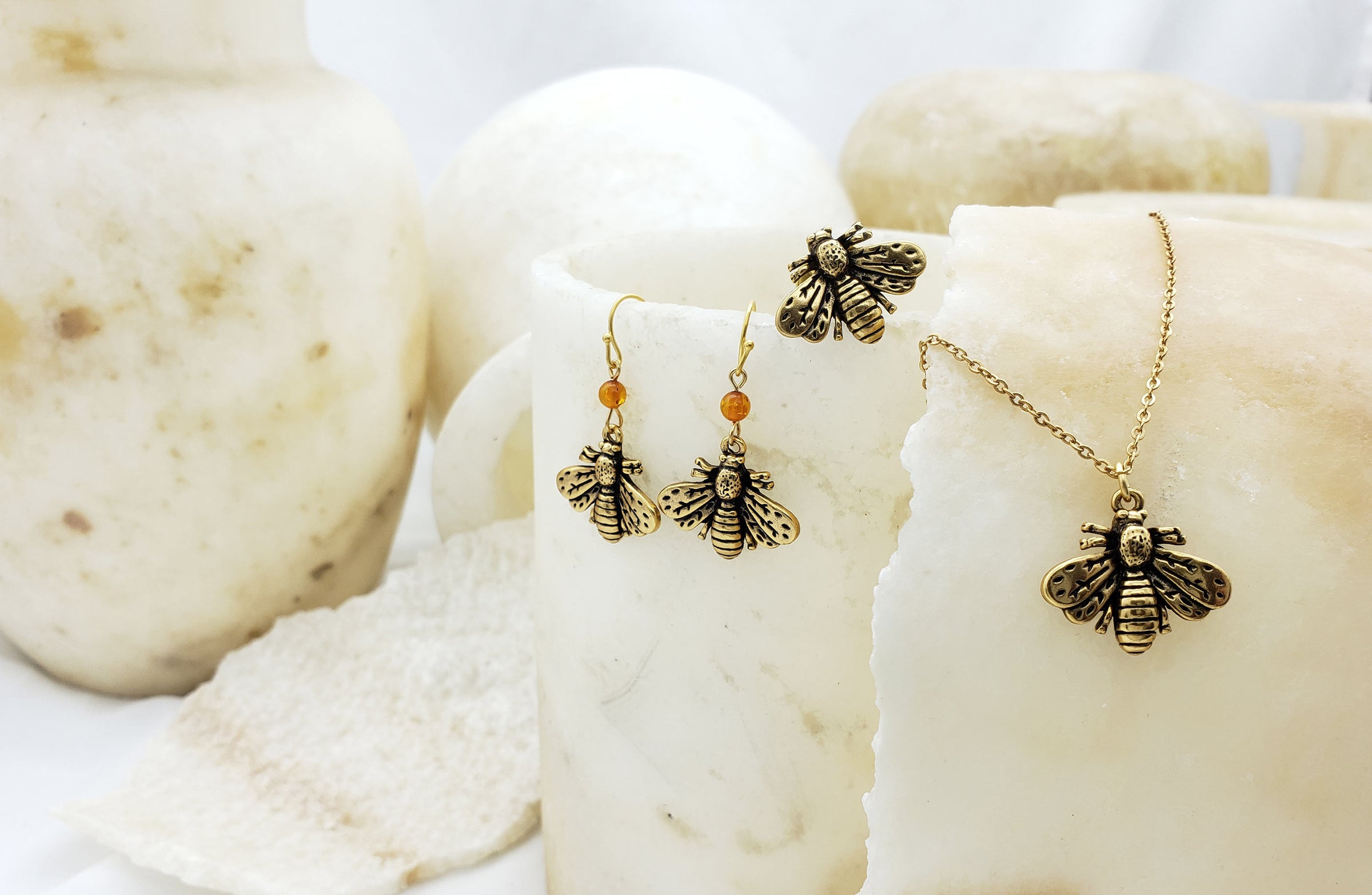 Napoleonic Bee Drop Earrings, Lapel Pin, and Necklace