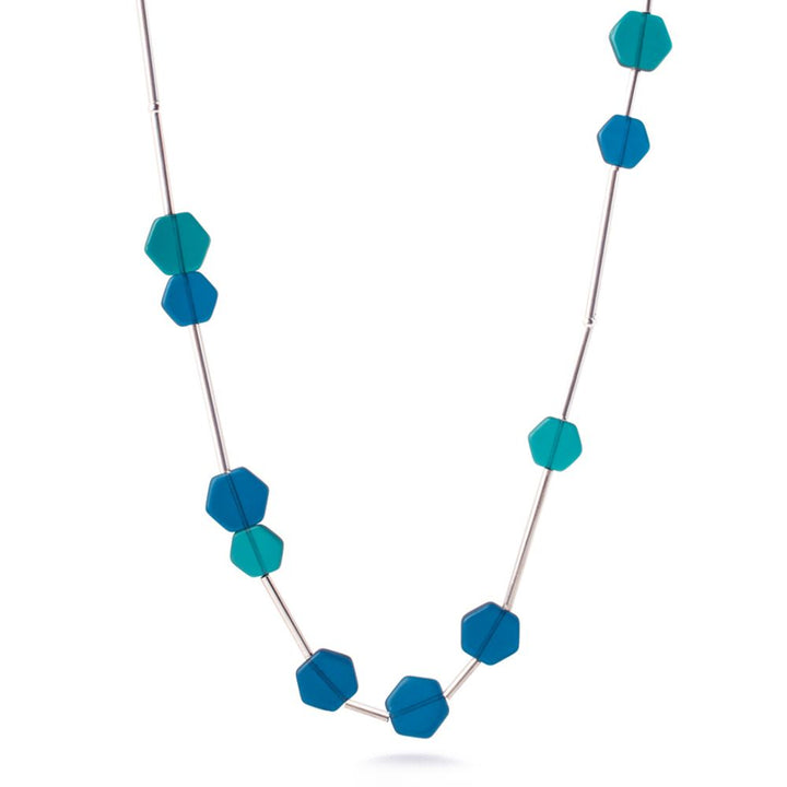 Teal and Blue Glass Hexagon Beaded Necklace