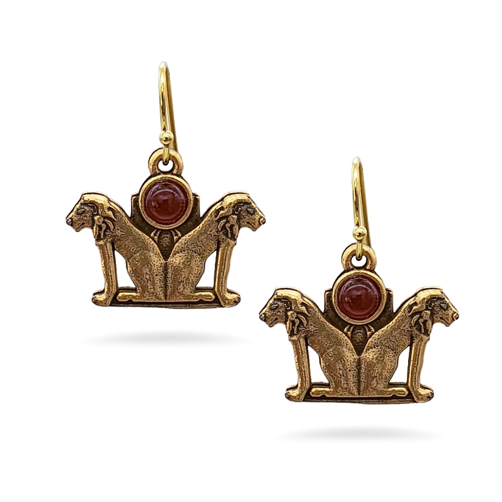 Double Lion Earrings with Carnelian - Antique Gold Finish - Ancient Egyptian Inspired