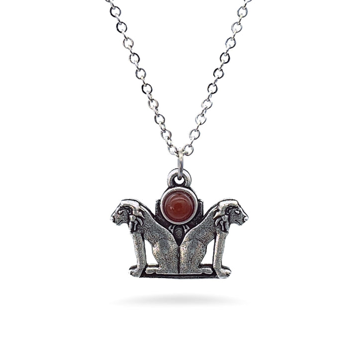 Double Lion Pendant with Carnelian - Antique Silver Finish - Ancient Egyptian Inspired