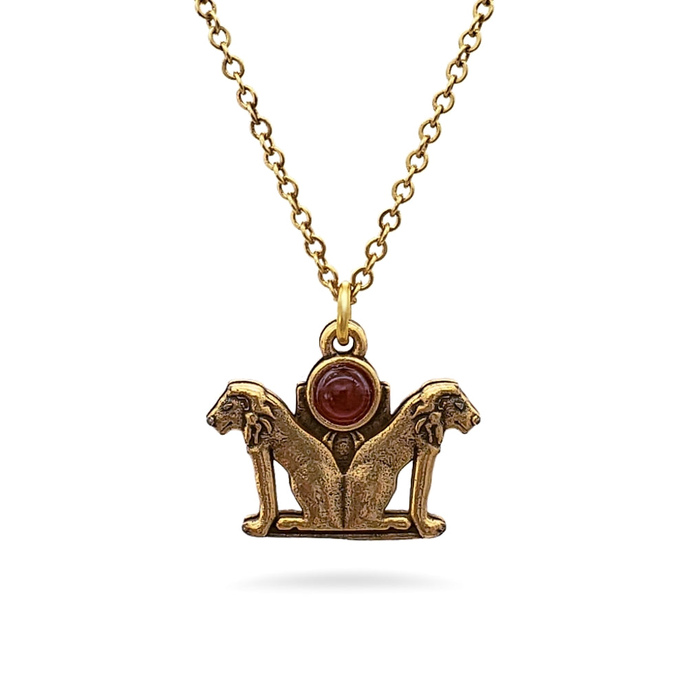 Double Lion Pendant with Carnelian - Antique Gold Finish - Ancient Egyptian Inspired