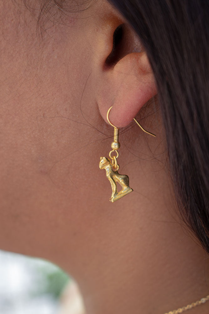 Bastet Cat Earrings Bright Gold Finish